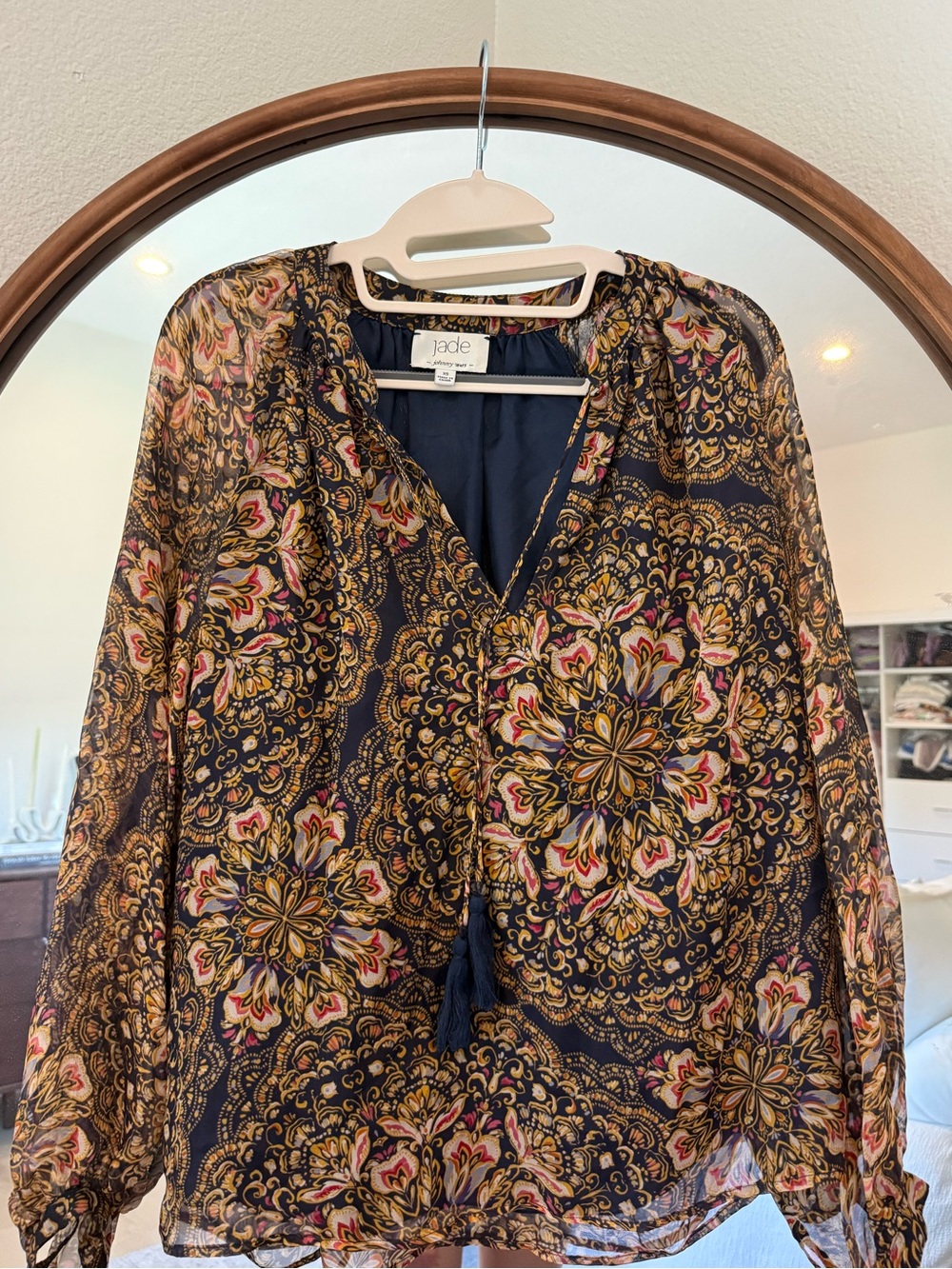 Jade by Johnny Was Black Floral Paisley Tassel V-Neck Blouse